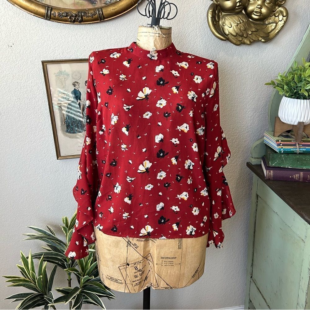 Melloday‎ Rust Orange Red White Yellow Floral Ruffle Sleeve Blouse Sz M